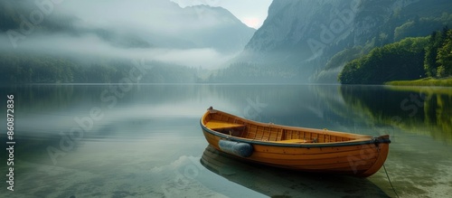 Wooden Boat at a Misty Mountain Lake