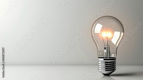 Close-up of a glowing light bulb on a white background, symbolizing creativity, ideas, and innovation. photo