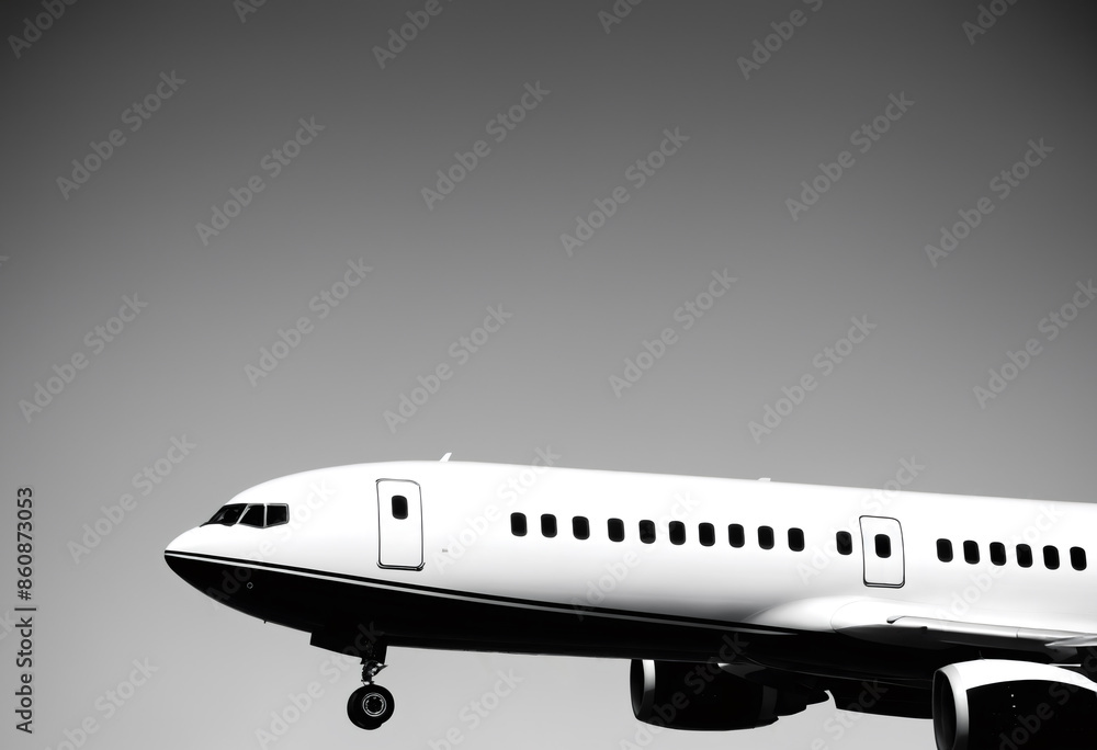 Fototapeta premium Sleek commercial jet airplane in black and white. For aviation industry presentations, travel agency promotions, or transportation-themed designs.