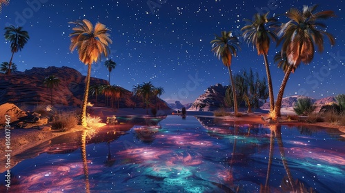 A desert oasis at night, with a magical, glowing pond, palm trees, and a clear, star-filled sky overhead.