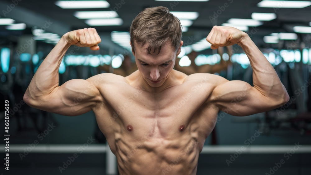 A man flexing his biceps in a gym mirror, AI A man flexing his biceps in a gym mirror, AI