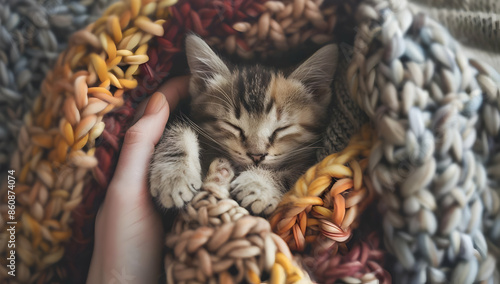 A small kitten sleeps soundly nestled in a warm, colorful blanket.  The kitten's paws are tucked in and its eyes are closed. photo