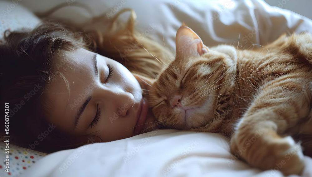 A young woman sleeps peacefully in bed with her cat. The cat is curled up next to her, and they both look very cozy. A young woman sleeps peacefully in bed with her cat. The cat is curled up next to her, and they both look very cozy.