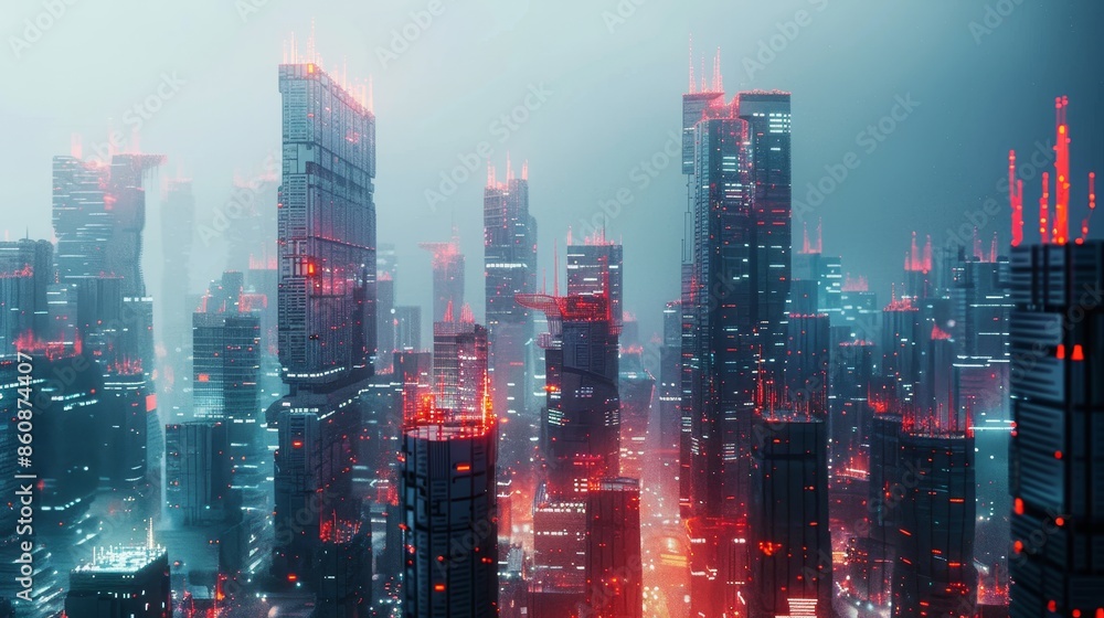A cityscape with many tall buildings and a red sky generated by AI A cityscape with many tall buildings and a red sky generated by AI