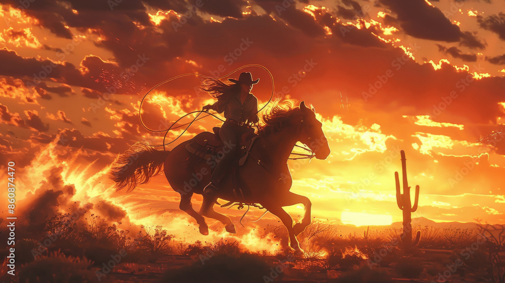 Fototapeta premium A woman riding a horse in a desert with a sunset in the background