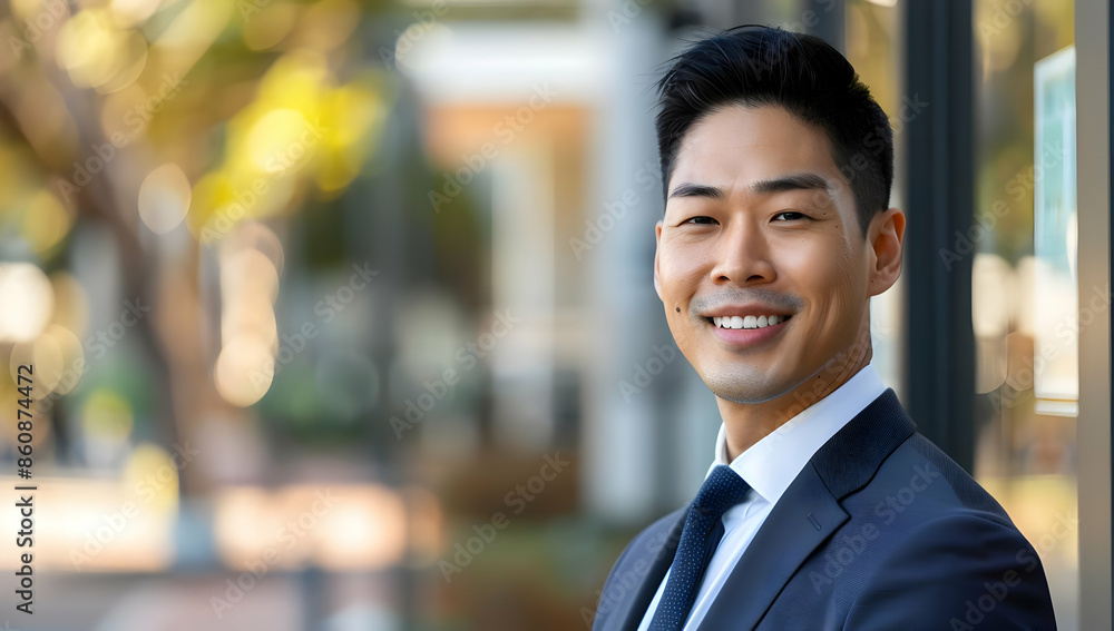 Smiling Asian businessman in a suit standing outdoors. Smiling Asian businessman in a suit standing outdoors.