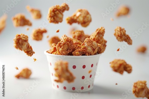 Fried chicken chunks, falling into the bucket