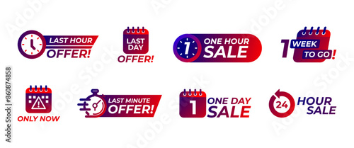 Countdown sale badges, one day offers, and 24-hour promo stickers depicted as vector icons for business deals.