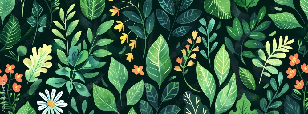 A green and yellow flowery background with a white flower in the foreground generated by AI A green and yellow flowery background with a white flower in the foreground generated by AI