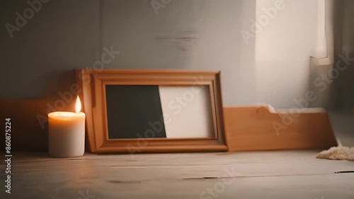 Wooden Frame With Candles and Blanket on Table Generative AI