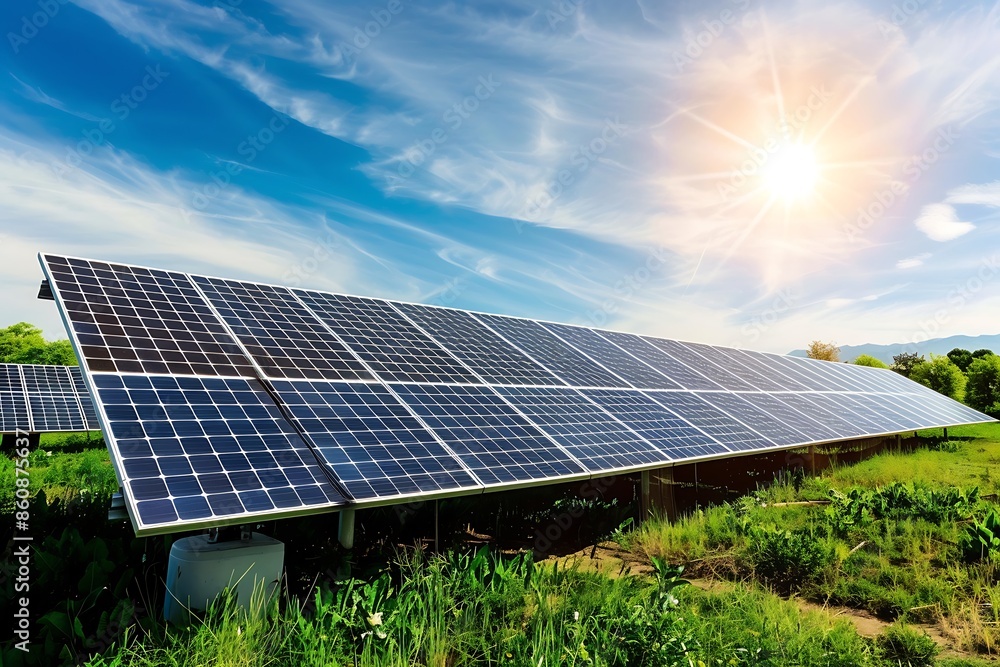 Photovoltaic solar panels on blue sky background image. Photovoltaic solar panels on blue sky background image.