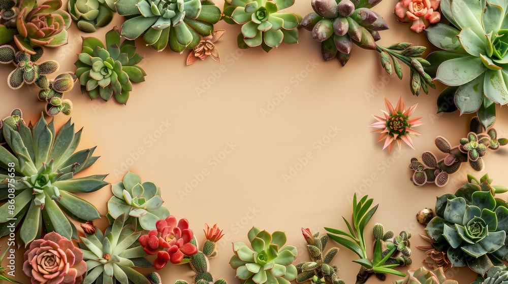 A landscape frame adorned with a mix of succulents and cacti flowers, set against a sandy beige background, for a desert-inspired theme. A landscape frame adorned with a mix of succulents and cacti flowers, set against a sandy beige background, for a desert-inspired theme.