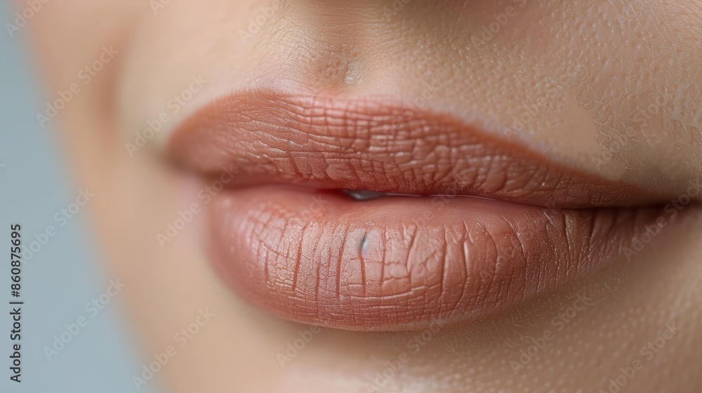 Detailed shot of lip permanent cosmetics on human lips against white background with copy space Detailed shot of lip permanent cosmetics on human lips against white background with copy space