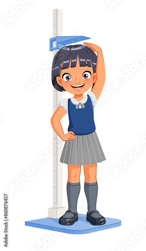 Little Asian girl girl measuring her height with a stadiometer. Cartoon vector illustration.