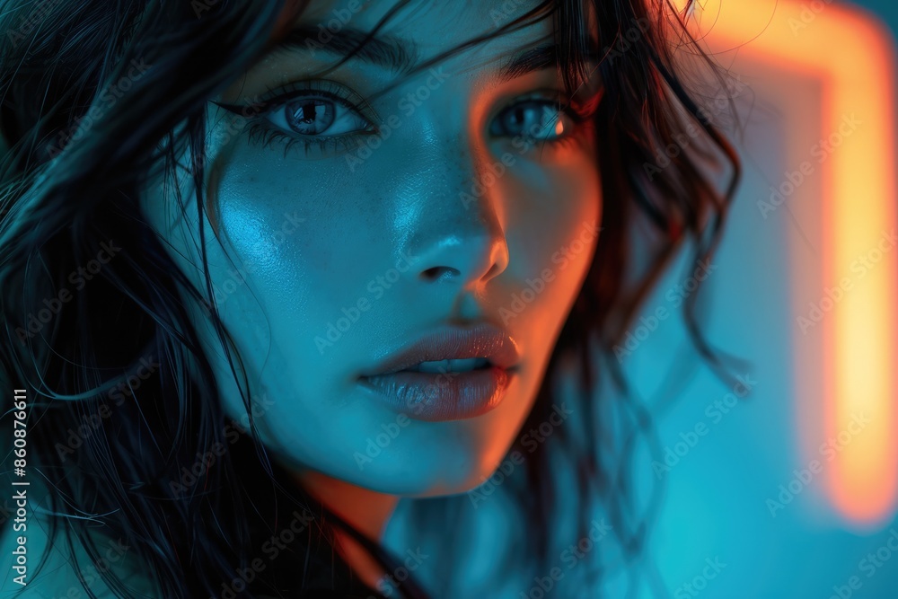 The face of a woman illuminated by lights The face of a woman illuminated by lights
