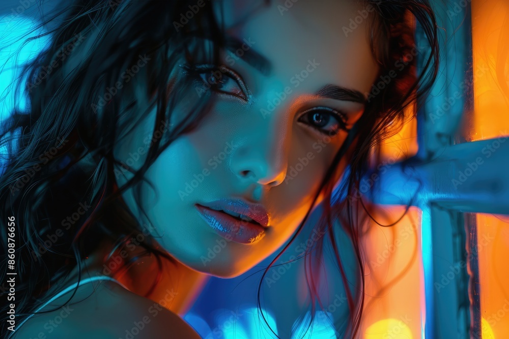 The face of a woman illuminated by lights The face of a woman illuminated by lights
