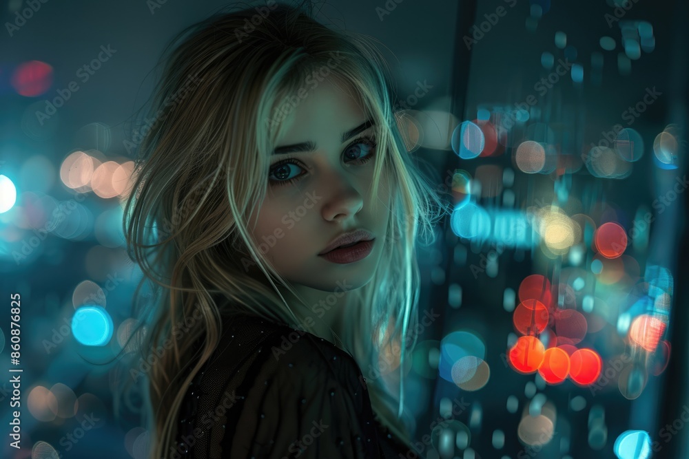 High rise buildings in the city at night, young women High rise buildings in the city at night, young women