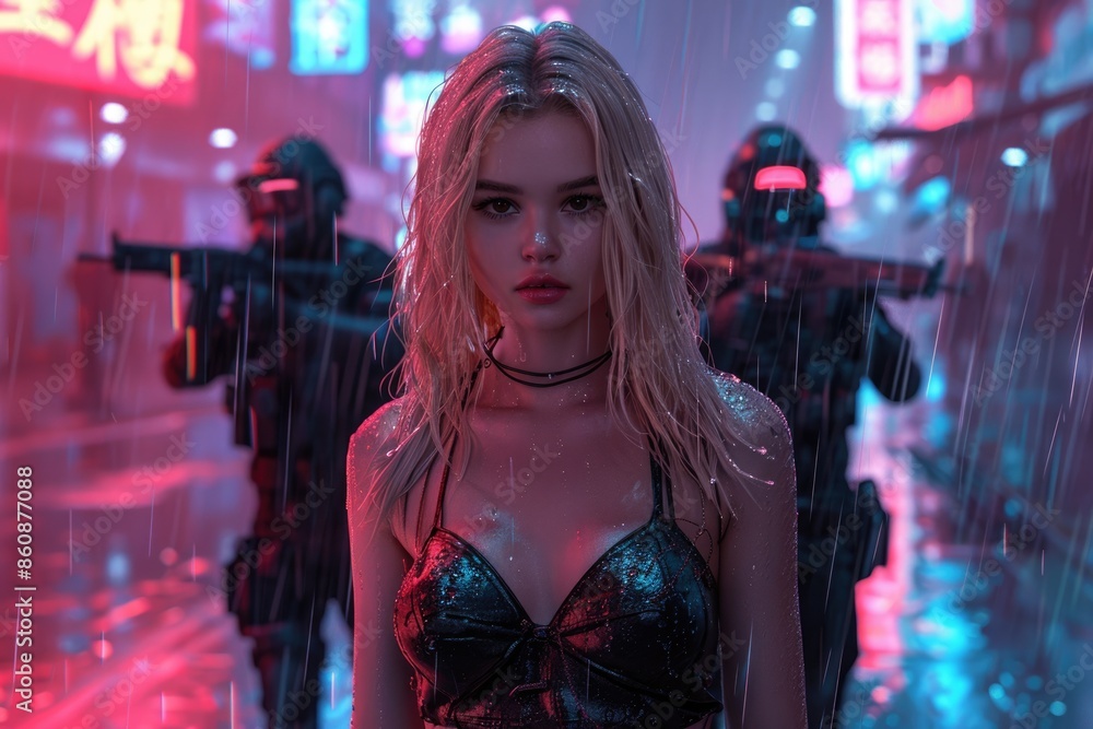 High rise buildings in the city at night, young women High rise buildings in the city at night, young women