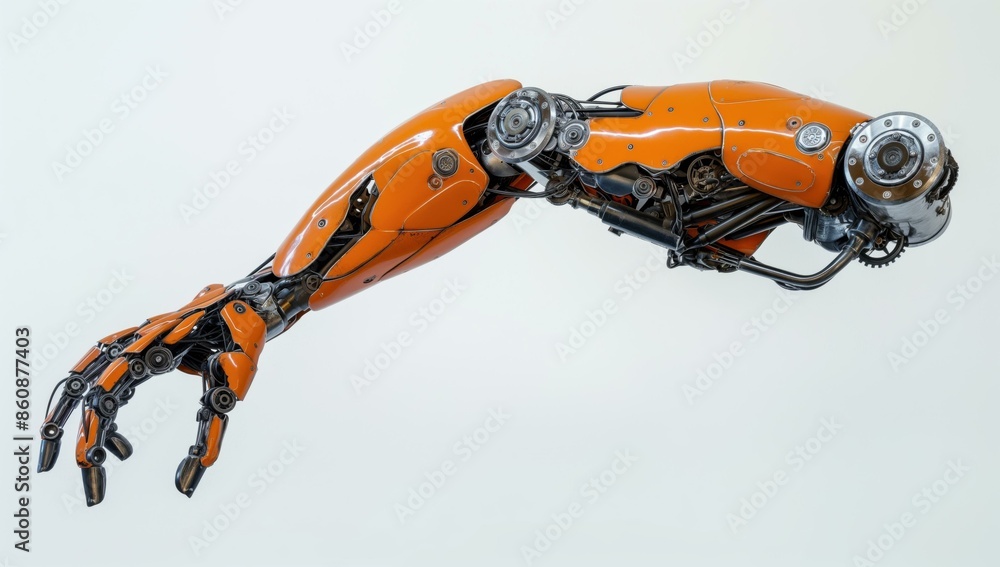 A detailed shot of a robotic arm with an orange body and intricate black gears, showcasing advanced mechanical design. A detailed shot of a robotic arm with an orange body and intricate black gears, showcasing advanced mechanical design.
