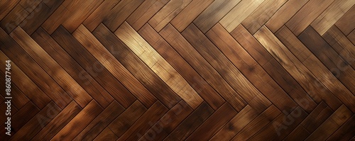 A close-up view of a wooden parquet floor showcasing its natural, rich brown tones and detailed wood grain textures arranged in a herringbone pattern. photo