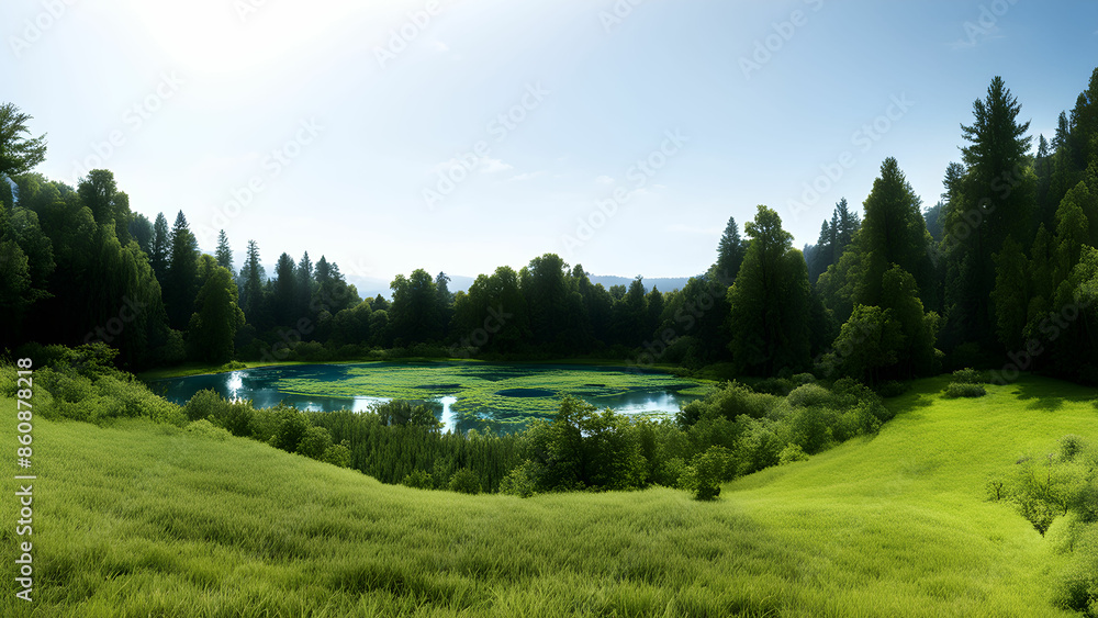 Landscape with pond, trees and fields Landscape with pond, trees and fields