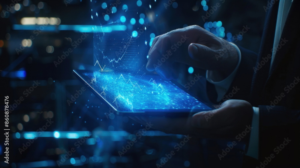businessman hold tablet on hand, hologram data graph businessman hold tablet on hand, hologram data graph