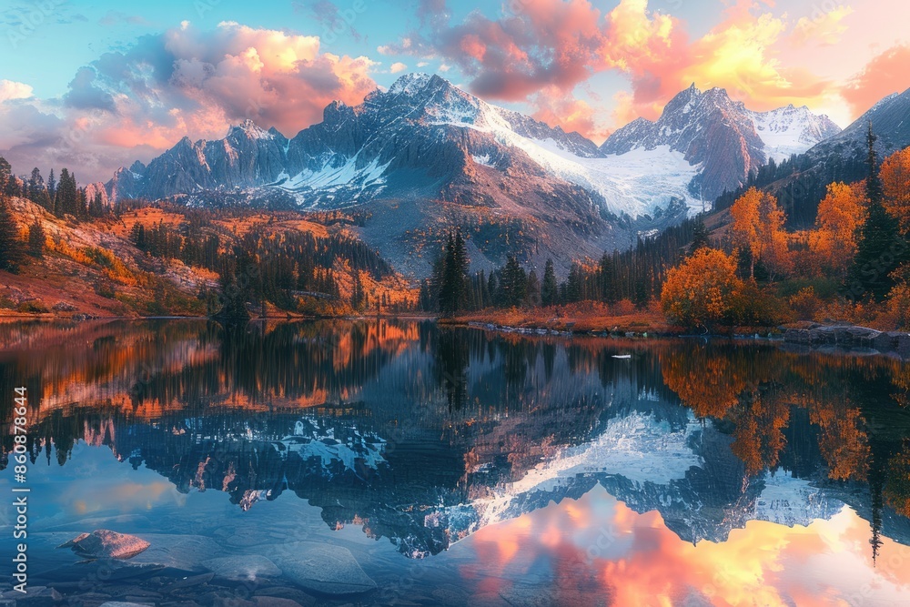 Fototapeta premium Snowy mountains and reflections on the water surface