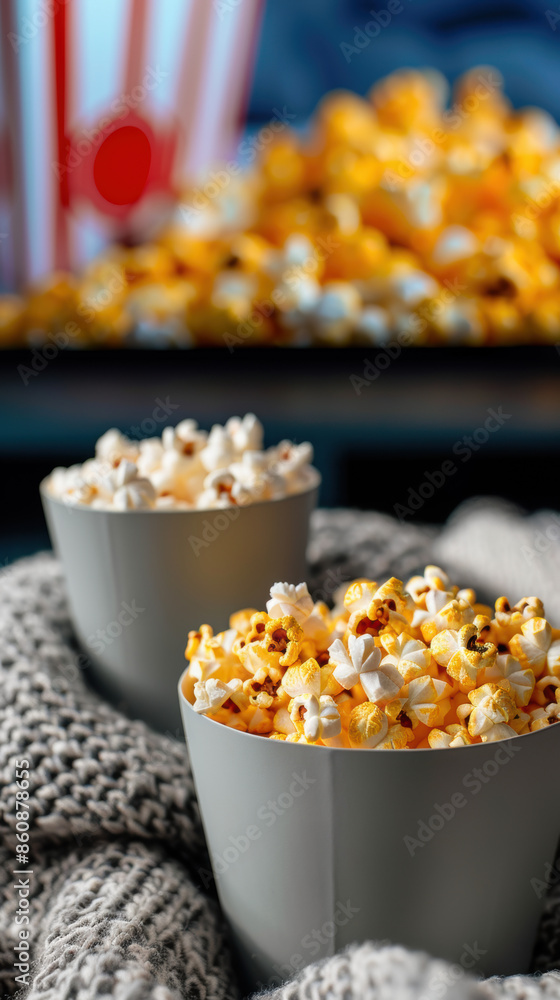 Two bowls of popcorn on a blanket Two bowls of popcorn on a blanket