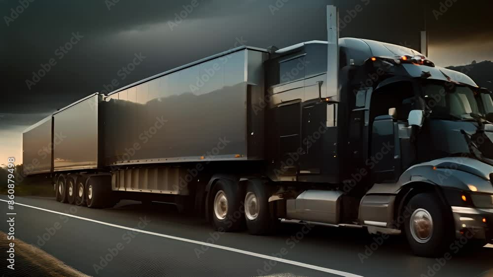Black Semi-Truck Driving on Highway Generative AI Black Semi-Truck Driving on Highway Generative AI