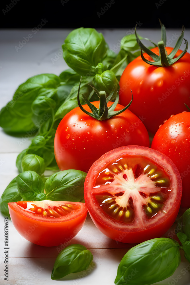 Close-up of succulent tomatoes and verdant basil leaves Close-up of succulent tomatoes and verdant basil leaves