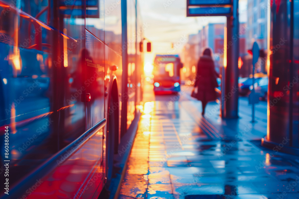 Woman walking to bus stop at sunrise in urban setting Woman walking to bus stop at sunrise in urban setting