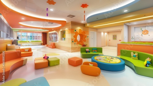 A pediatric waiting area in a hospital, designed with bright colors and interactive play elements to keep children engaged.
