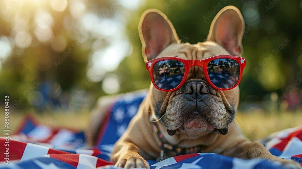 A patriotic-themed pet enjoying a sunny day with red sunglasses. A patriotic-themed pet enjoying a sunny day with red sunglasses.