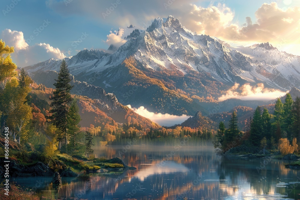 Fototapeta premium Snowy mountains, forests, and lakes, with reflections on the water surface