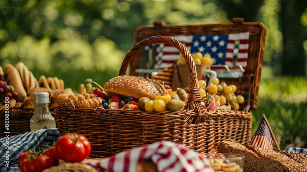 A cheerful picnic setup featuring a wicker basket filled with fresh ...
