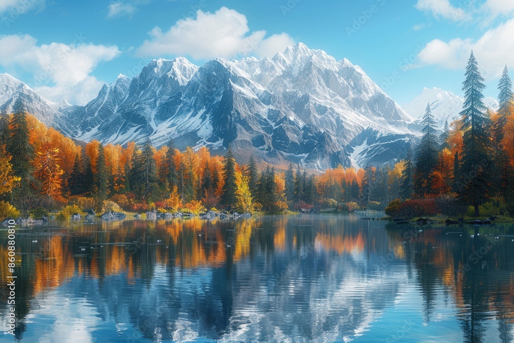 Fototapeta premium Snowy mountains, forests, and lakes, with reflections on the water surface