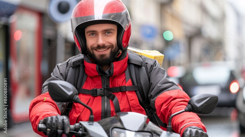 Express Delivery Driver on Scooter Speeding Through Urban Area Efficiently. motorbike for deliveries Express Delivery Driver on Scooter Speeding Through Urban Area Efficiently. motorbike for deliveries