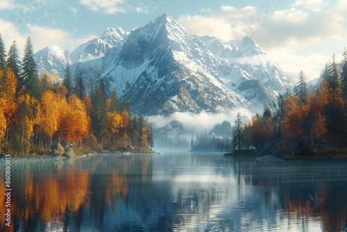 Snowy mountains, forests, and lakes, with reflections on the water surface