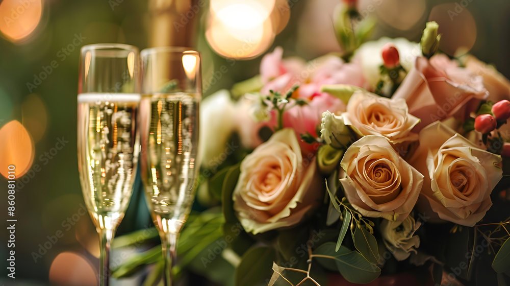 Wedding bouquet and two glasses of champagne : Generative AI Wedding bouquet and two glasses of champagne : Generative AI
