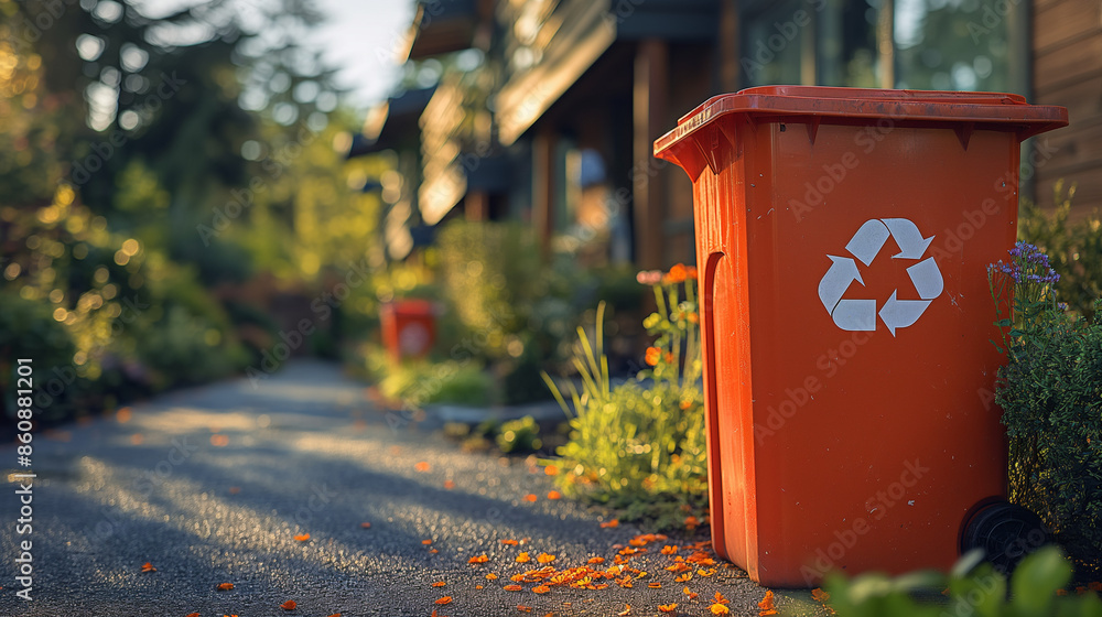 Orange recycle bin in the front yard of a house. realistic photo with text place Orange recycle bin in the front yard of a house. realistic photo with text place