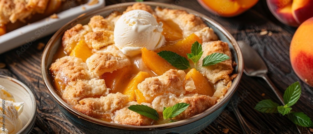 A delicious peach cobbler served with a scoop of vanilla ice cream and fresh mint leaves, perfect for a summer dessert. A delicious peach cobbler served with a scoop of vanilla ice cream and fresh mint leaves, perfect for a summer dessert.