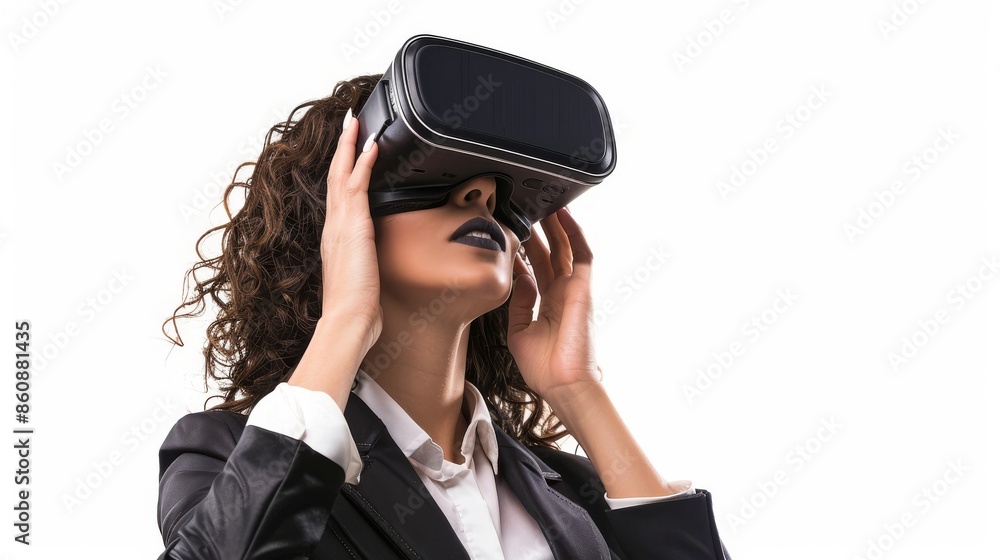 Woman wearing virtual reality headset isolated on white background Woman wearing virtual reality headset isolated on white background