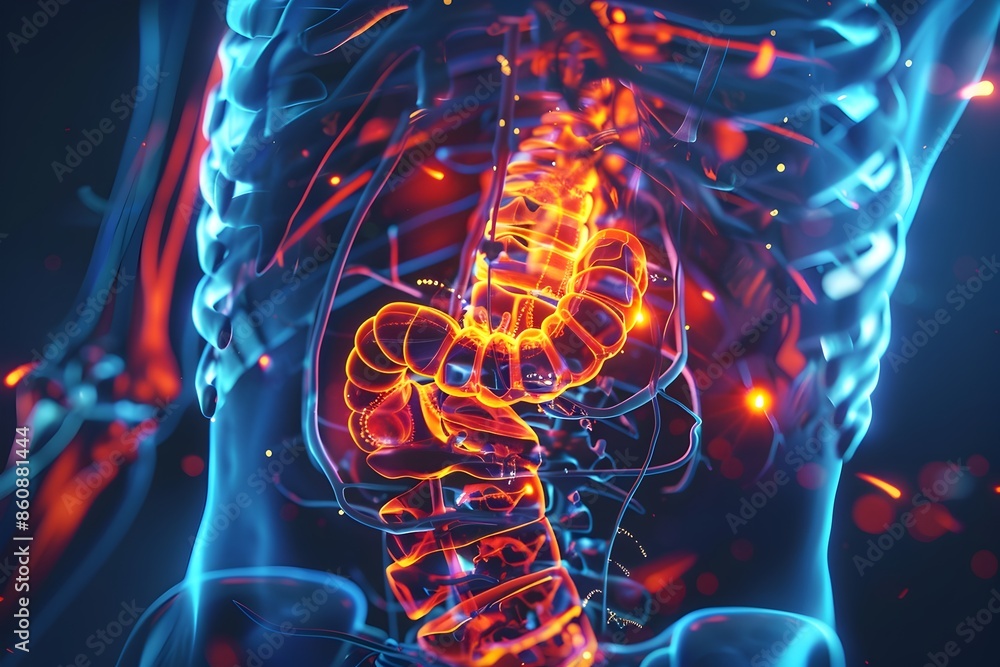Comprehensive 3D Rendered of Detailed Abdominal X-Ray Depicting
