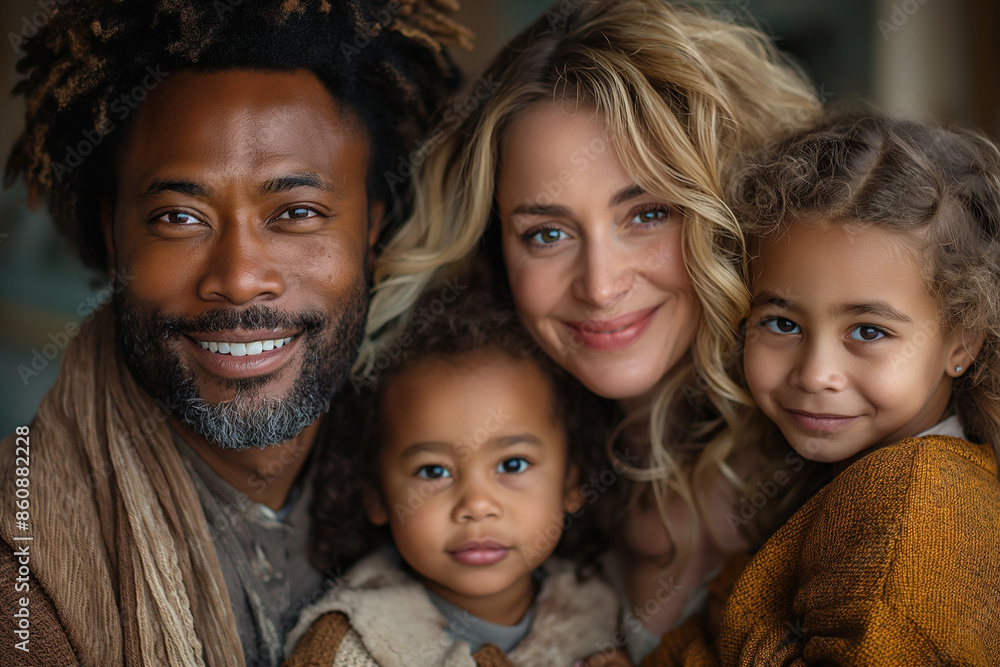A family of four, including a man and three children, are smiling A family of four, including a man and three children, are smiling