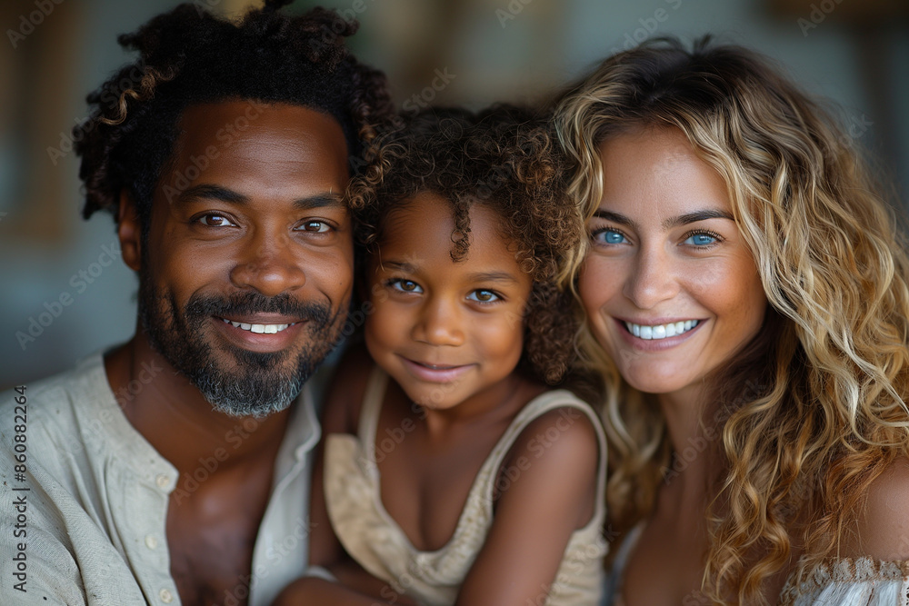 Fototapeta premium A family of three, a man, a woman and a child, are smiling for the camera
