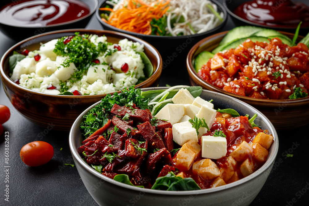 A variety of colorful bowls filled with different types of food, including beans A variety of colorful bowls filled with different types of food, including beans