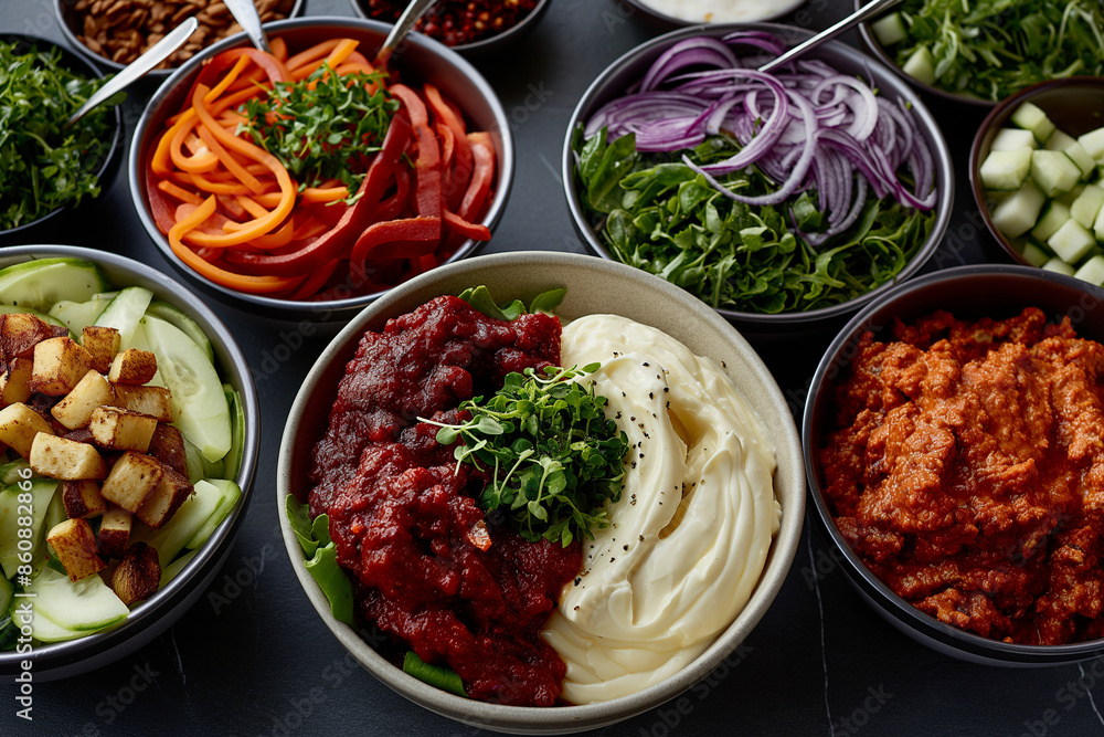 A variety of colorful bowls filled with different types of food, including beans A variety of colorful bowls filled with different types of food, including beans