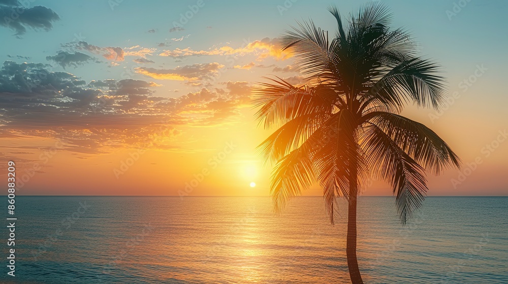 Sunlit Tropical Palm Tree Silhouette in White Frame Sunlit Tropical Palm Tree Silhouette in White Frame