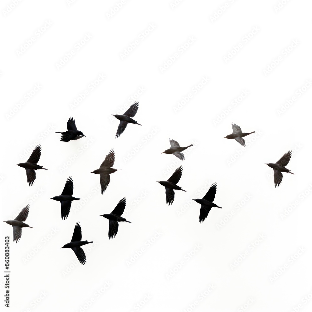 Naklejka premium Birds flying silhouette animal flock white background.