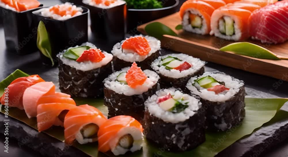 Packages of sushi and sashimi on a black tray on the table. Seafood concept. Packages of sushi and sashimi on a black tray on the table. Seafood concept.